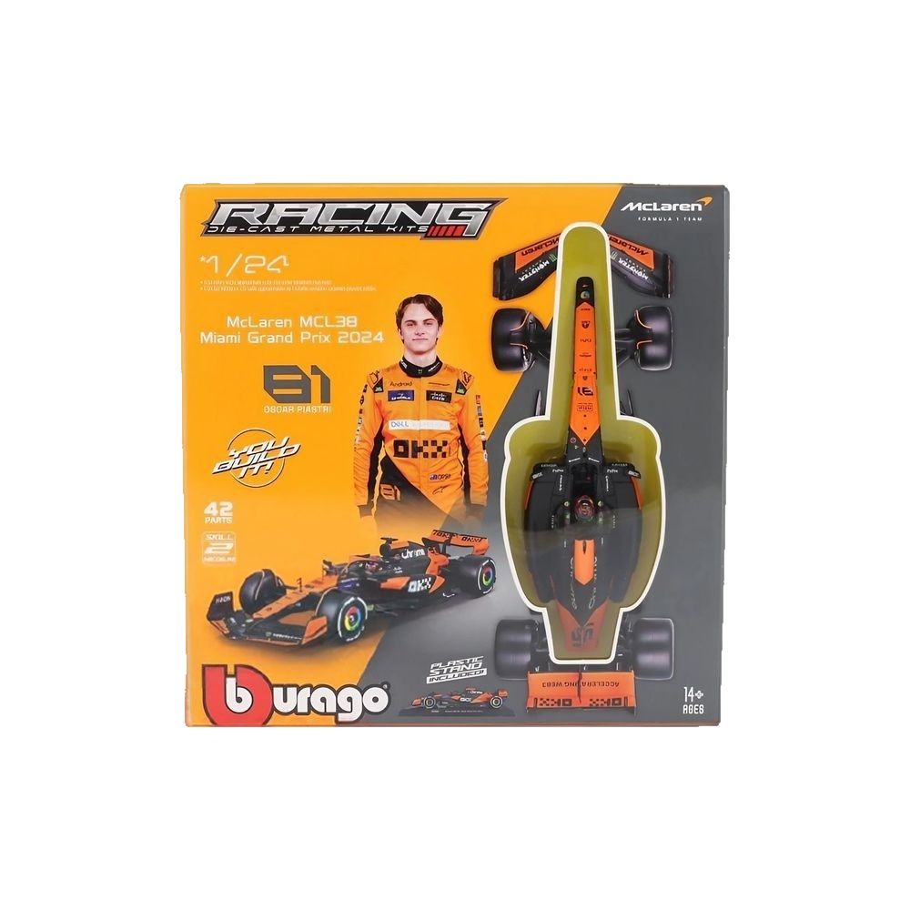 Bburago Racing F1 Miami Grand Prix 2024 McLaren MCL38 #81 Oscar Piastri Die-cast Metal Kit (1:24, 42 Parts, Orange/Black), 14+ years