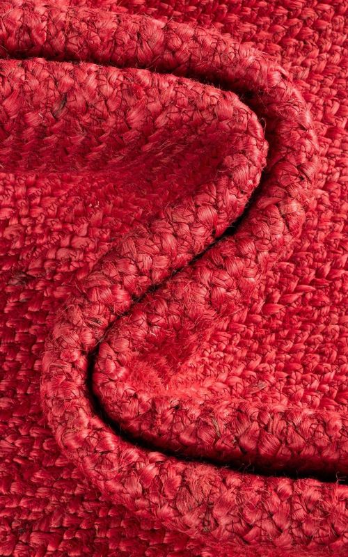 Round Jute Area Rug with Red Center & Natural Border | Handwoven Boho Area Carpet