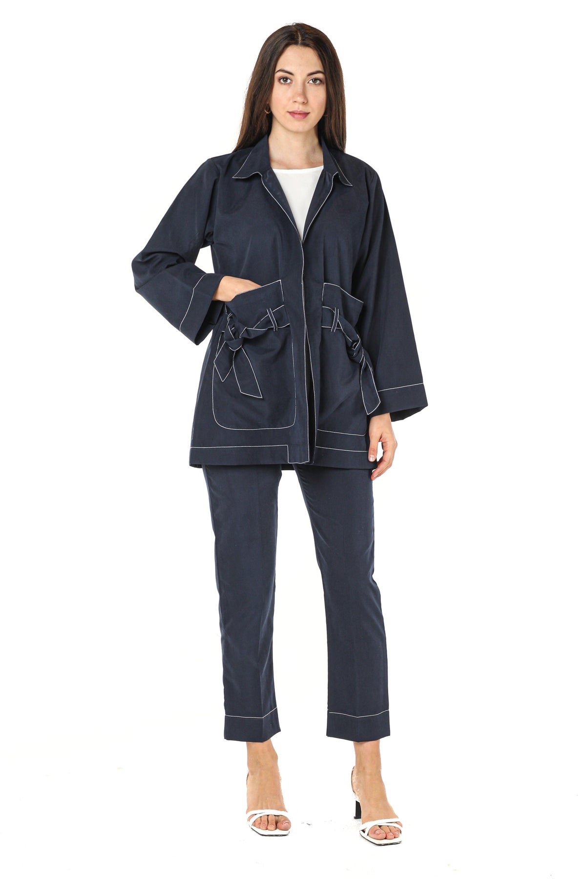 MOiSTREET Navy Shamua Fabric Jacket And Pants With Crepe Top