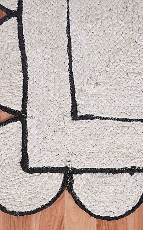 White Jute Rug with Black Border Scalloped Edge | Handwoven Rectangular Boho Carpet