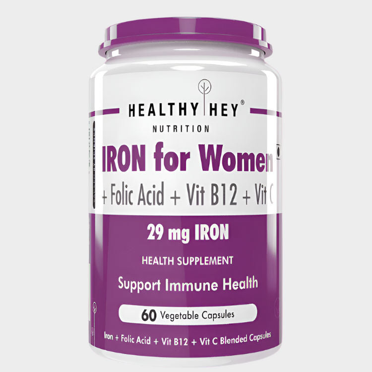 HealthyHey Iron Supplement for Women -100% Chelated - With Vitamin B12, Folic Acid & Vitamin C for High Absorption (60 Veg Capsules)