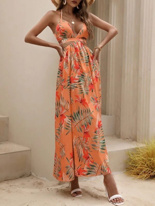Women's Printed Backless Bow-Tie Dress with Side Slit