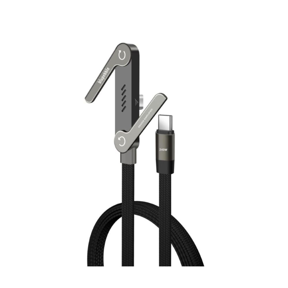 Blupebble PowerFlow USB-C to USB-C Flat Braided Cable With Stand, 40Gbps Data Transfer, PD 240W, Black/Grey