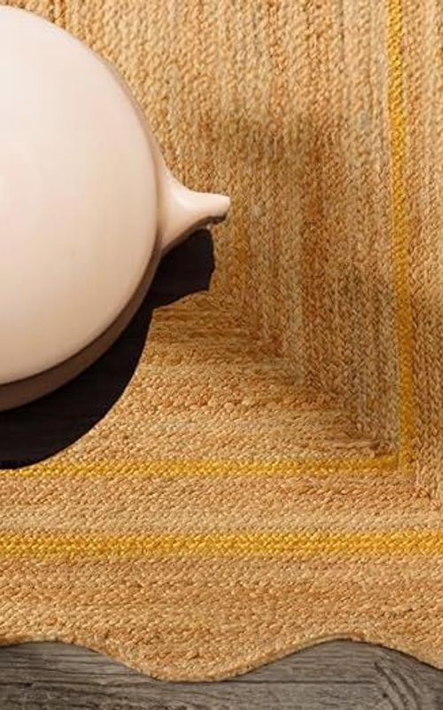 Scalloped Rectangle Jute Area Rug with Yellow Center Line | Handmade Runner Carpet