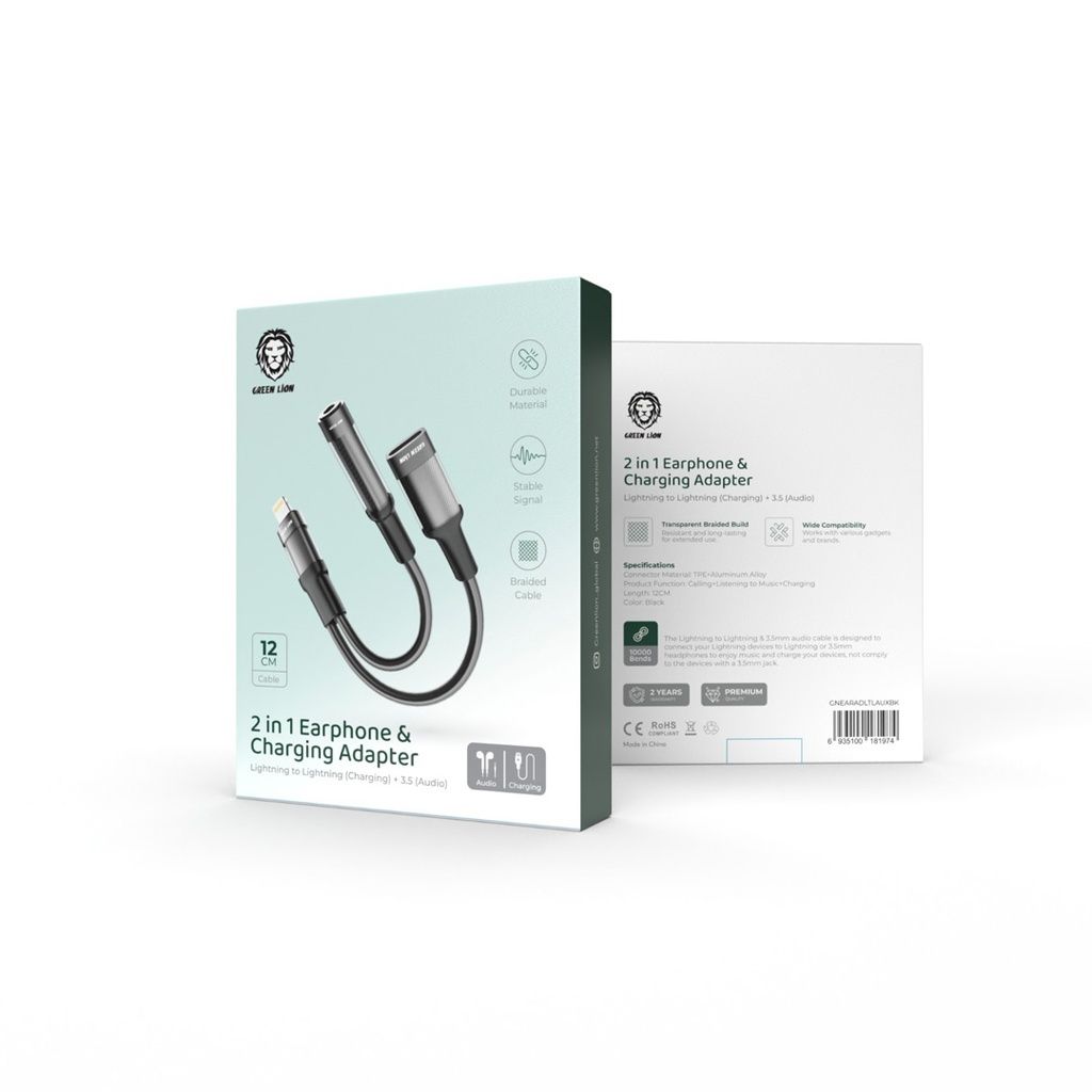 Green Lion Lightning to Dual Lightning + 3.5mm AUX Earphone Adapter, 12CM, Charging & Audio, Black