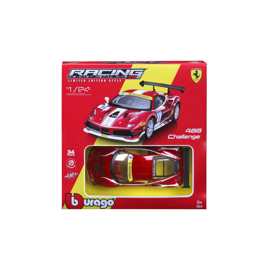 Bburago Racing Ferrari 488 Challenge Die-cast Metal Car Kit (1:24, 34 Pieces), 14+ years