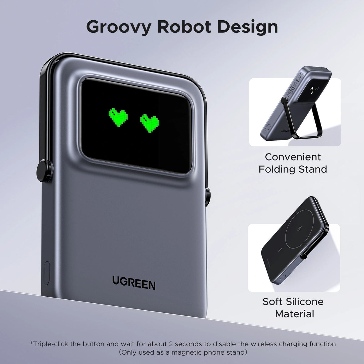 UGREEN PB571 Uno 5000mAh Magnetic Wireless Power Bank with Stand and TFT Display - Makasib Offer