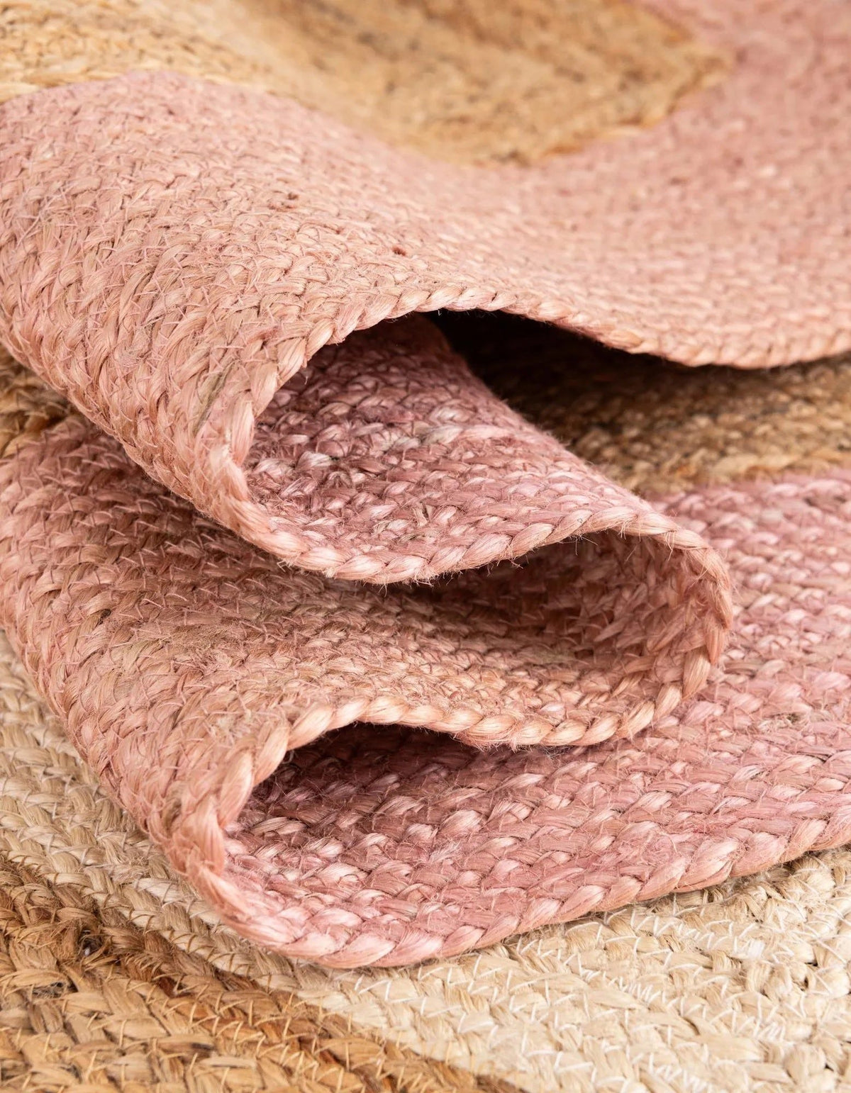 Blush Pink & White Border Round Jute Rug | Handwoven Natural Round Area Carpet