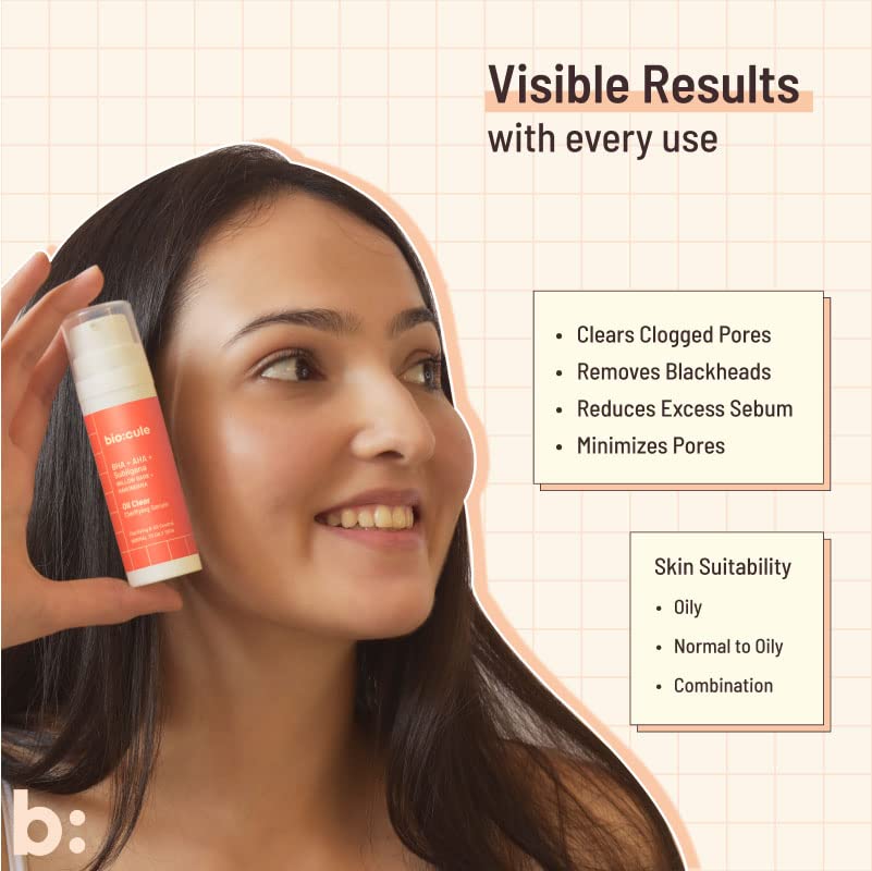 biocule Oil Clear Clarifying Serum, AHA BHA Serum from Willow Bark & Fruit Mix with Subligana from Harungana, for Oil Control, Pore Tightening & Even Skin, Face Serum for Oily Skin