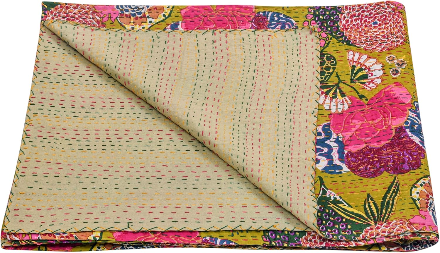 Mehndi Green Kantha Quilt Cotton Bedspread | Handmade Floral Indian Bedding