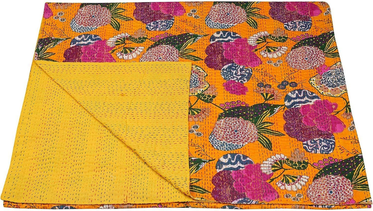Yellow Kantha Bedcover – Handmade Floral Cotton Quilt | Boho Vintage Bedspread