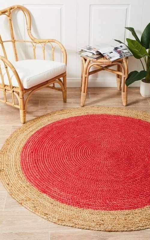 Round Jute Area Rug with Red Center & Natural Border | Handwoven Boho Area Carpet