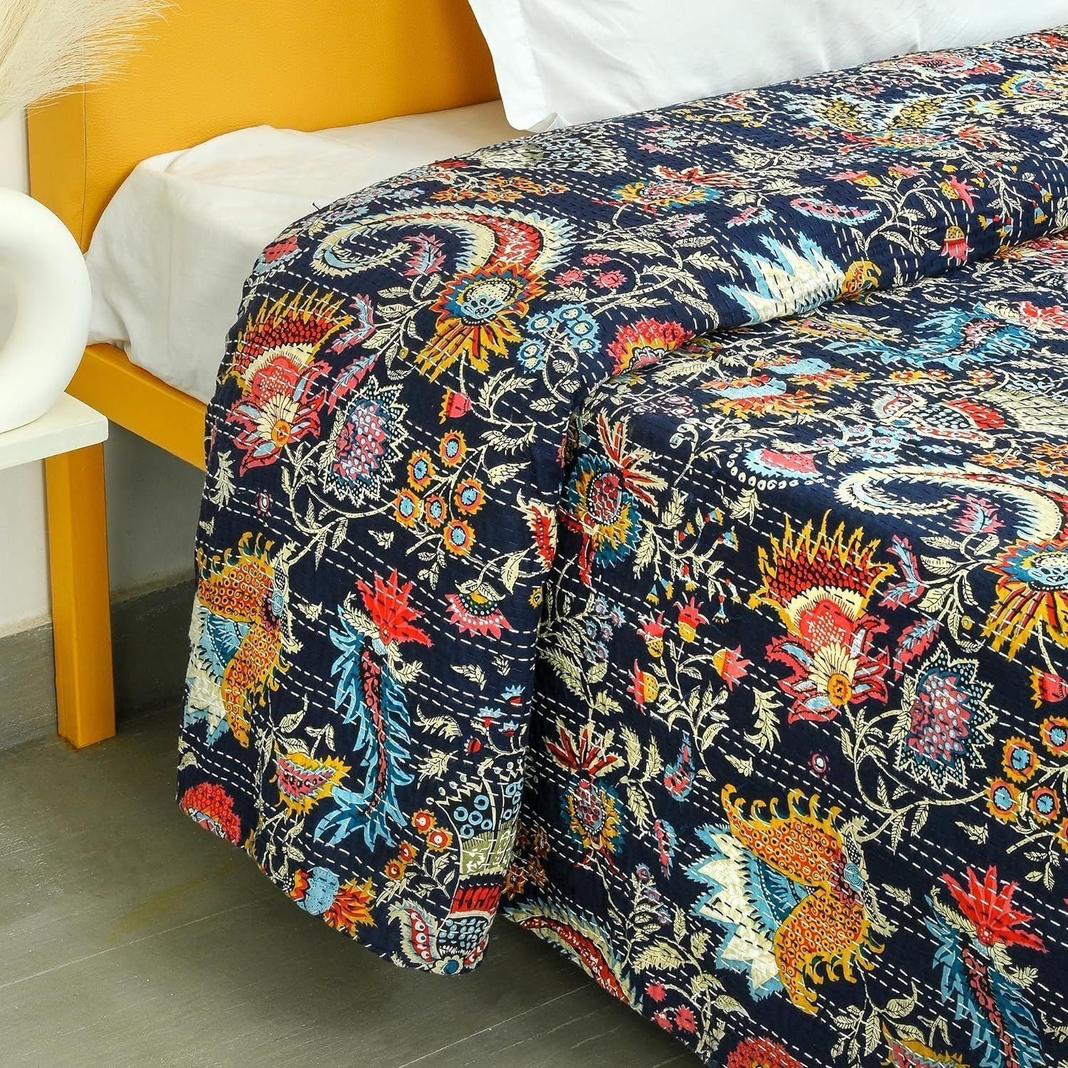 Handmade Kantha Quilt Blanket – Blue Floral Print | Reversible Pure Cotton Indian Vintage Throw