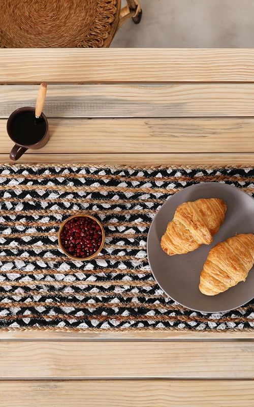 Indian Handmade Natural Jute With Black and White Cotton Dining Table Runner