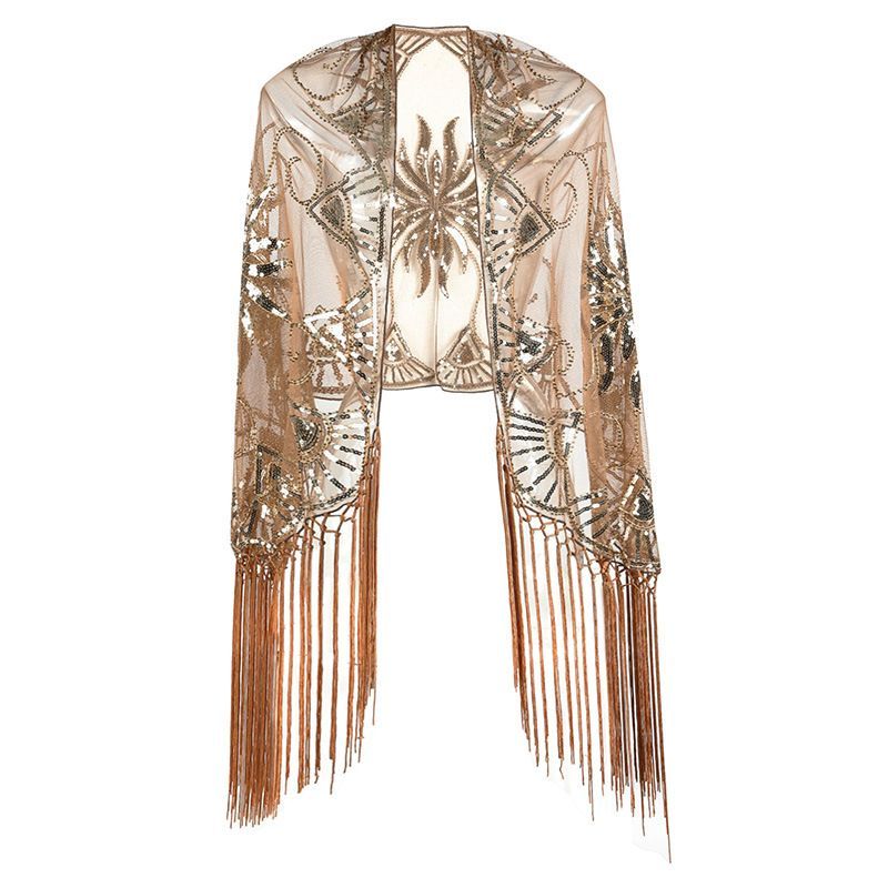 1920s Black Gold Sequin Fringe Shawl for Evening Party