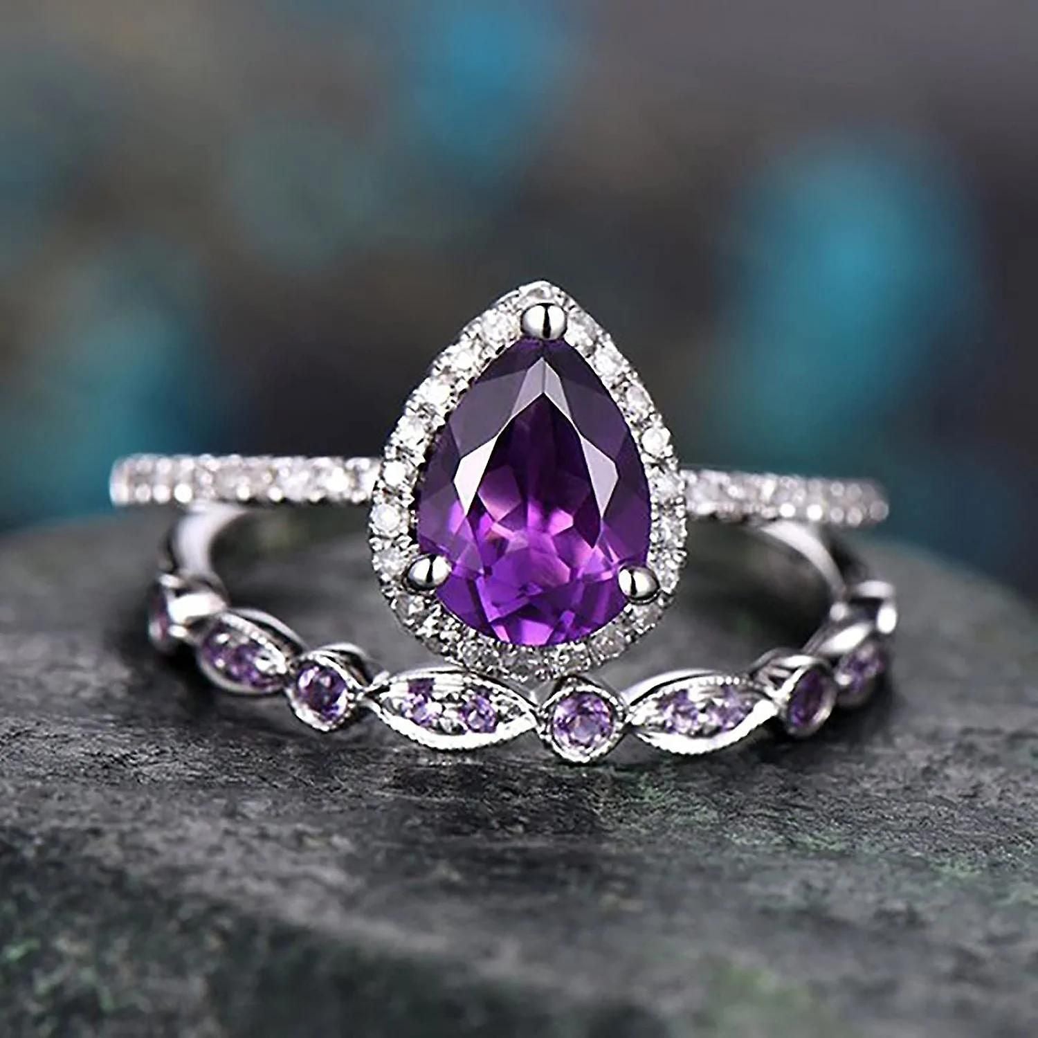 Women Shining Amethyst Ring, Tear Drop Shape Cubic Zirconia Promise Rings Set Teardrop Ring Engagement Wedding Band Ring Sets
