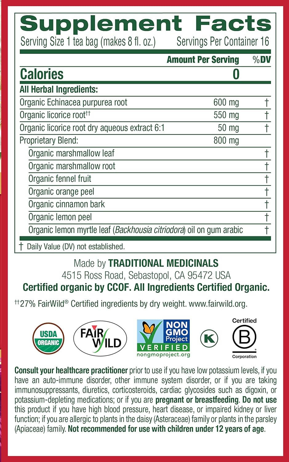 Traditional Medicinal Throat Coat Lemon Echinacea, 16 Teabags