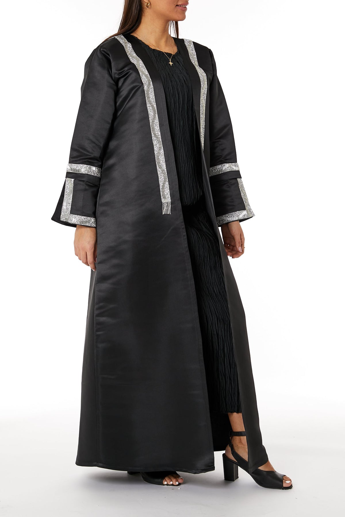 MOiSTREET Black Bridal Satin Abaya with Split Cuffs