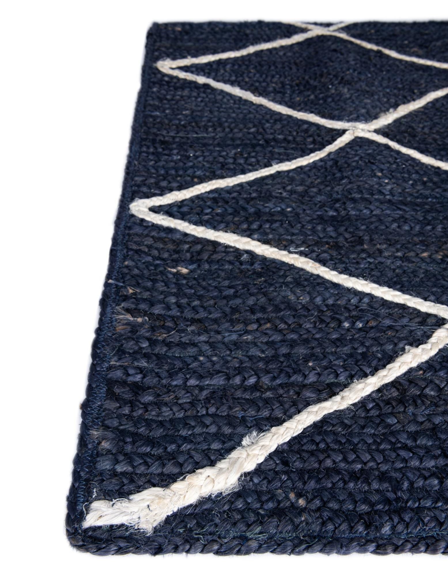 Blue Geometric Natural Jute Area Rug with White Diamond Pattern | Floor Carpet & Bedside Rug