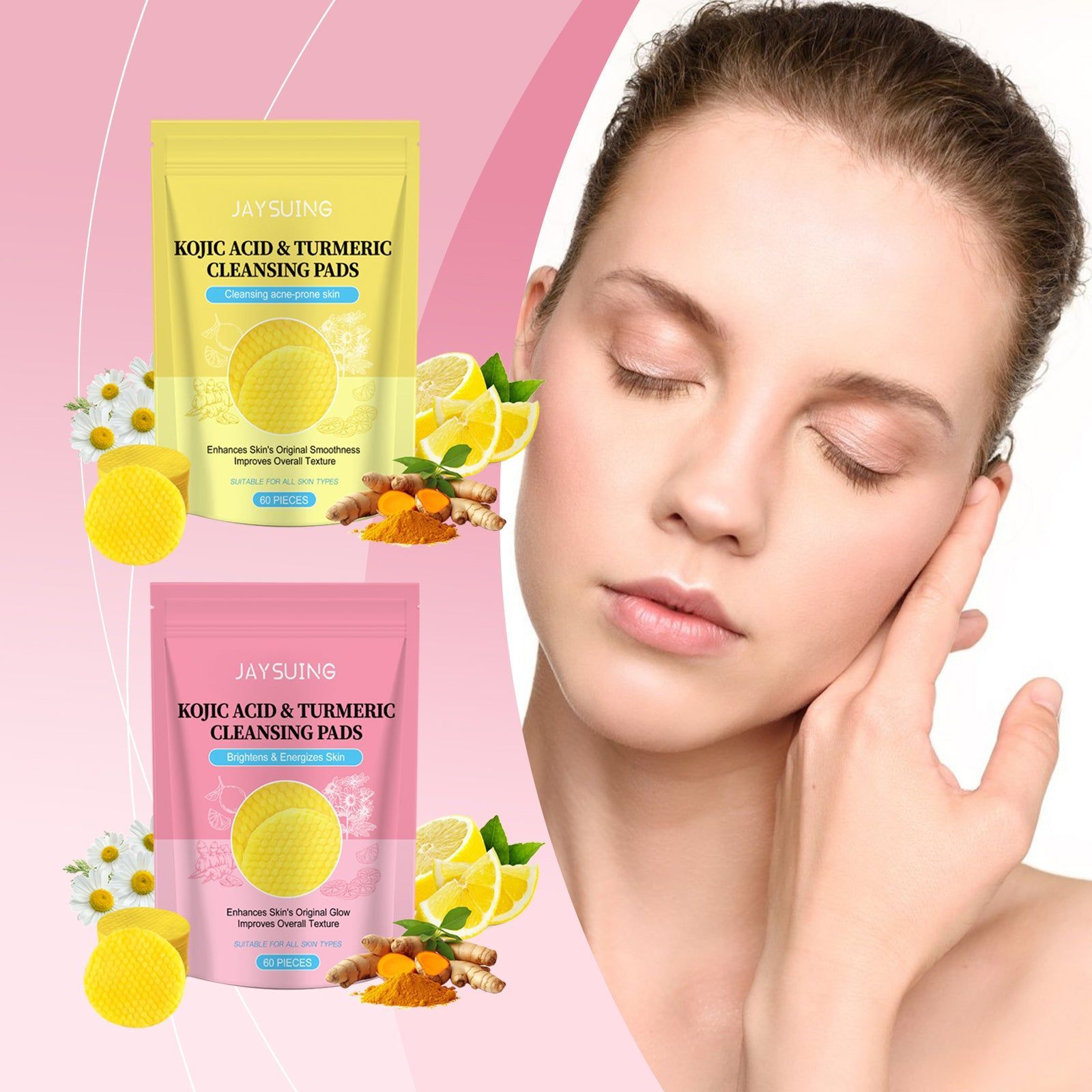 Brightening Facial Cleansing Pads with Kojic Acid, Turmeric, Moisturizing, Pore Refining ,60Pcs