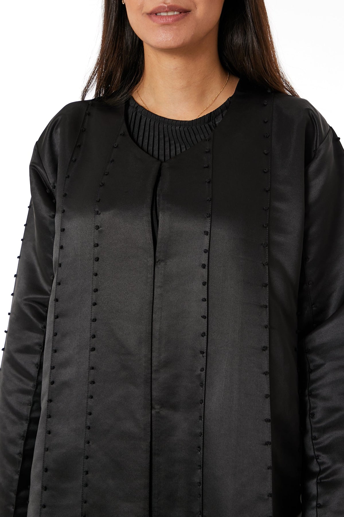 MOiSTREET Black Bridal Satin Abaya with Black Thread Work