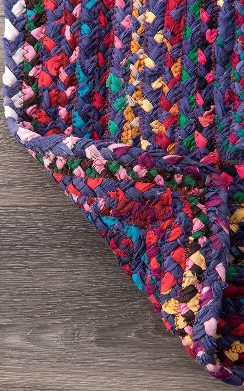Handmade Braided Blue Multi Cotton Rectangle Floor Area Rug-Floor Carpet Rug-Bed Side Runner Rug