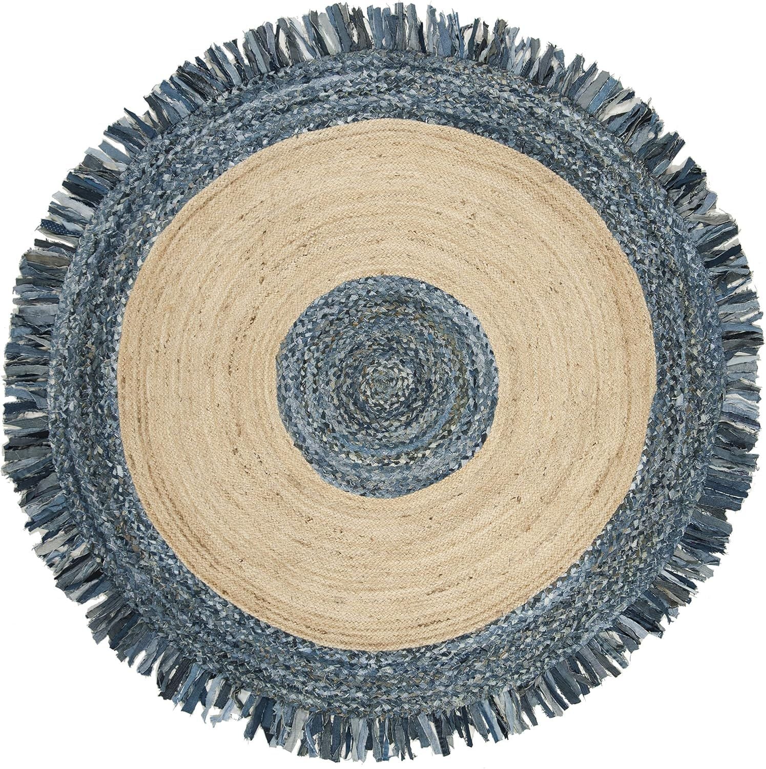Round Denim & Jute Rug with Fringe | Handwoven Natural Fiber Boho Area Rug