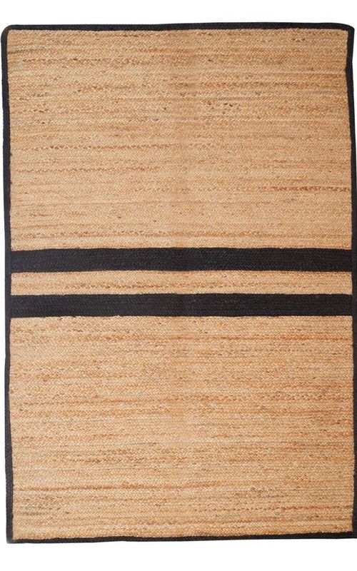 Natural Jute Rug with Black Stripes & Border | Handwoven Modern Carpet