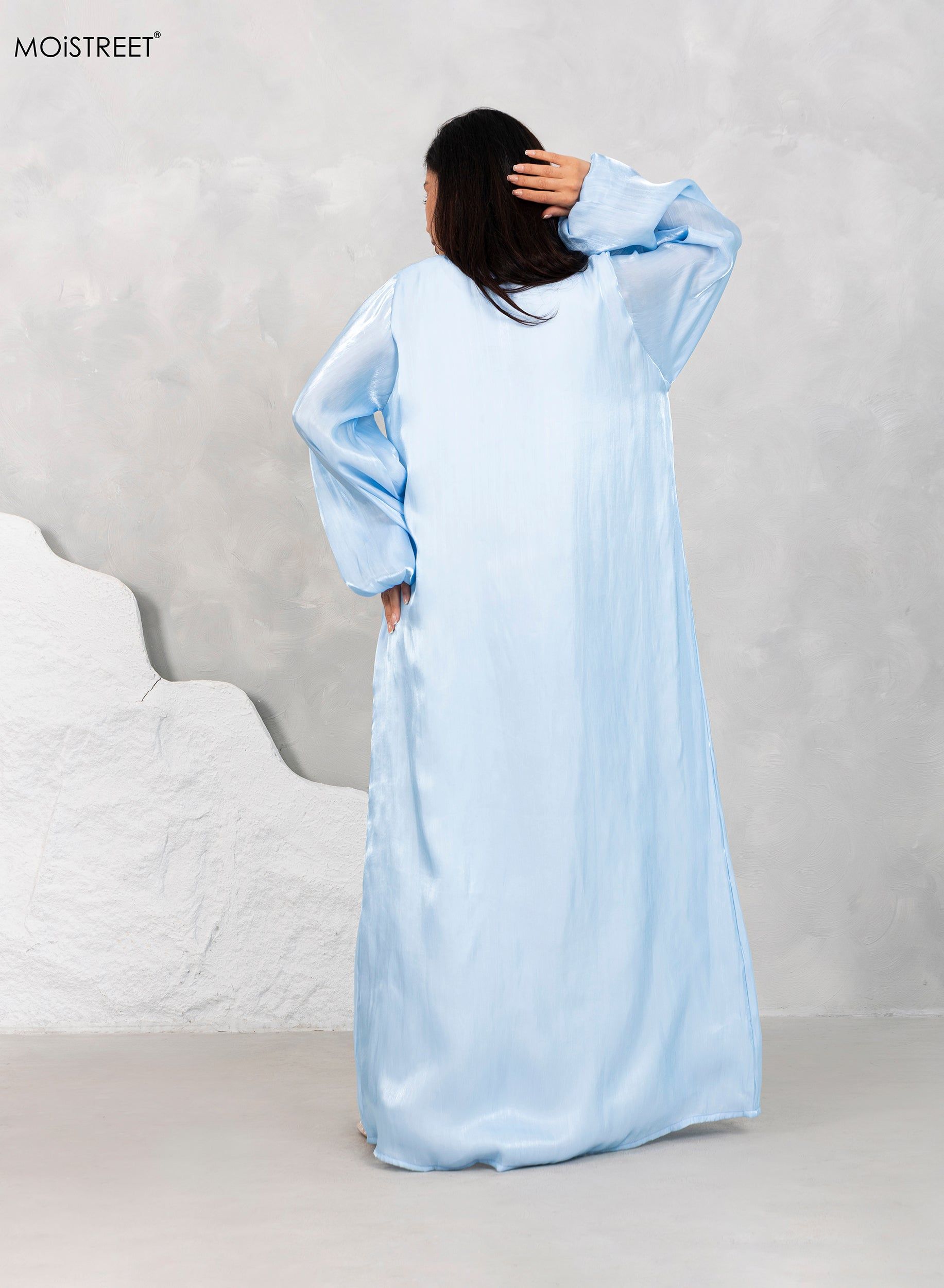 MOiSTREET Baby Blue Abaya Set Comes with Under Dress and Sheila