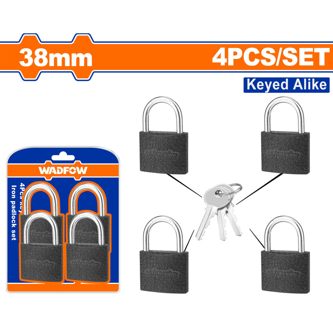 WADFOW 4 Pieces Key Alike Iron Padlock Set, 38mm, Single Lock 146g, Iron Body, Brass Cylinder, 3 Iron Keys Each, Double blister