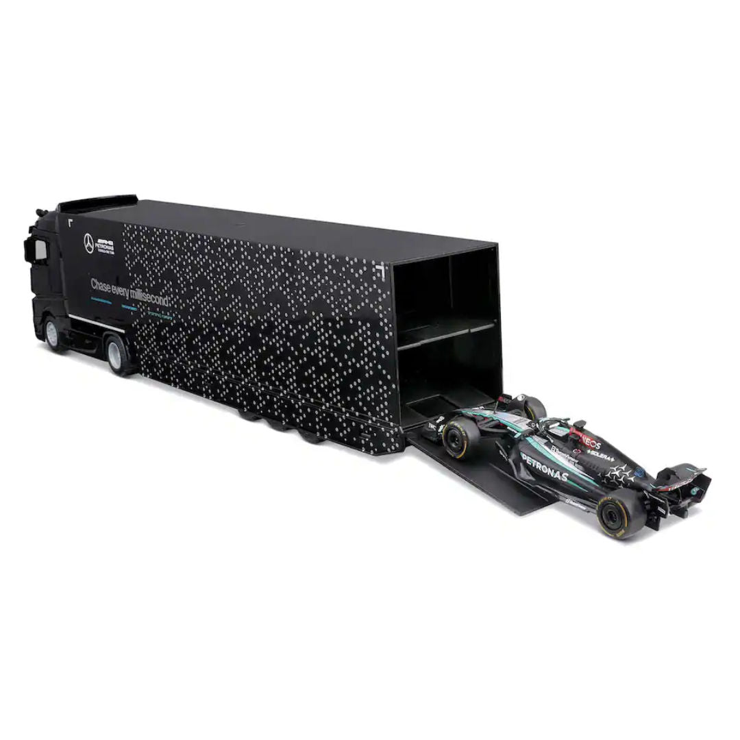 Bburago Mercedes-Benz Actros Gigaspace Racing Hauler With F1W15, Die-Cast Car, 1:43, Black