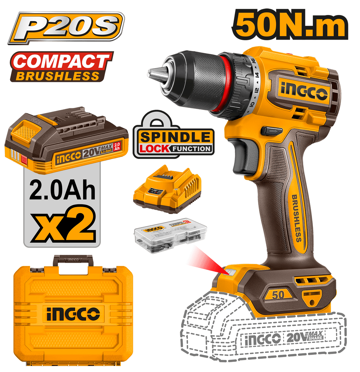 INGCO Cordless Drill 20V 50Nm Brushless with Accessories Kit