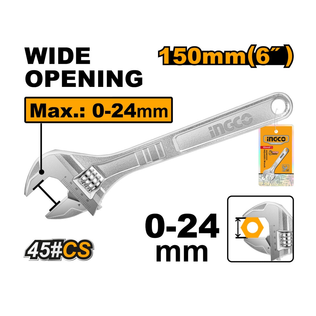 INGCO Adjustable Wrench, 0,24mm Jaw Opening, Anti-Slip Handle