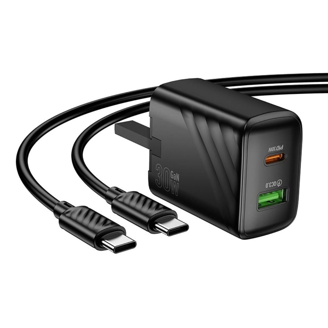 Hoco CS23B Sunlight 30W 3-Pin UK Charger with USB-C + USB-A Ports and 1m Cable