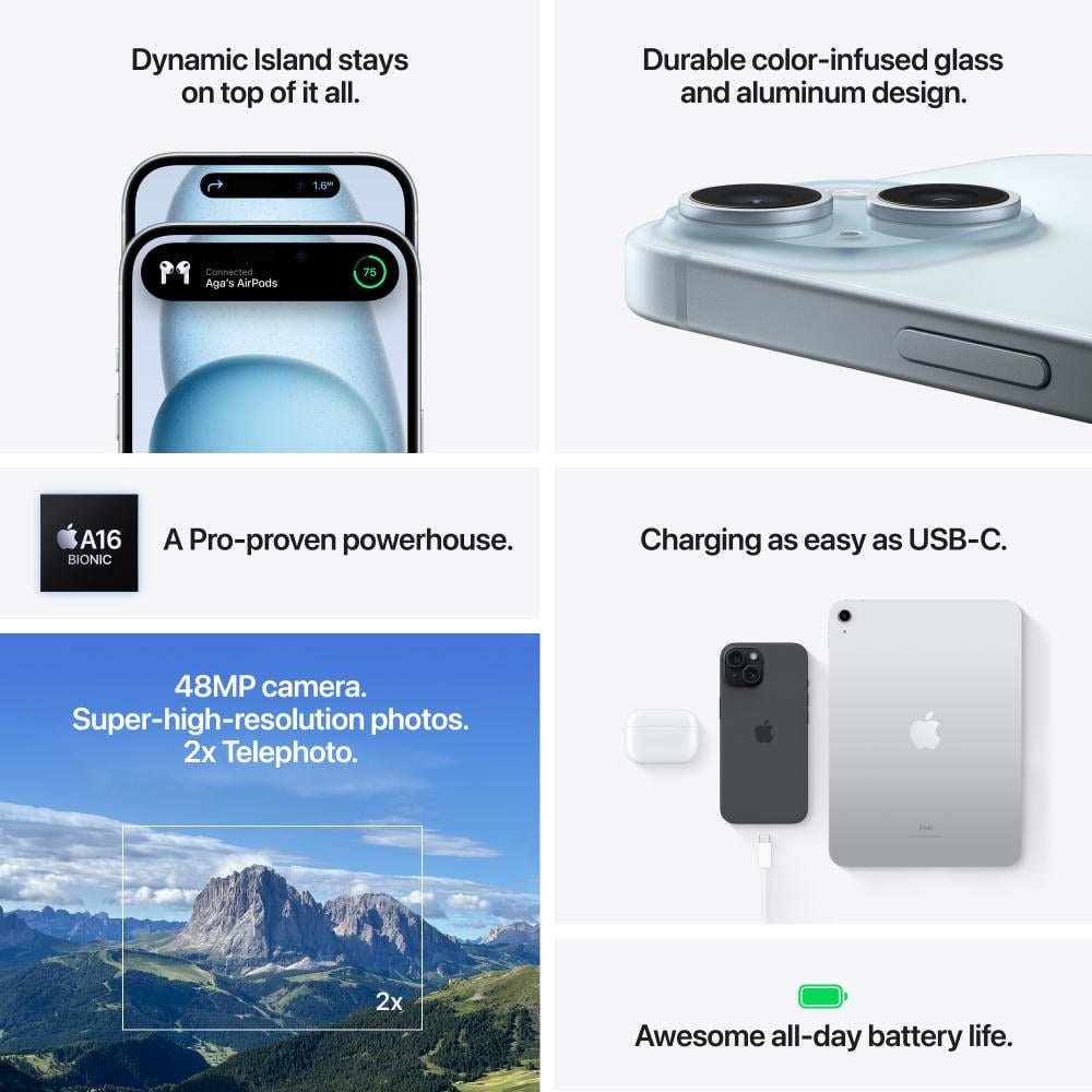 Apple iPhone 15 Smartphone, 6.1 Super Retina XDR OLED Display, A16 Bionic Chip, 256 GB Storage, Green