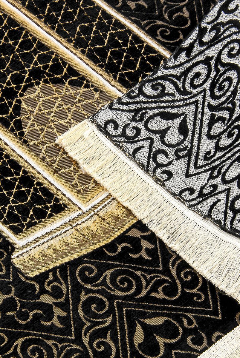 Ultra Luxury Black Chenille Prayer Rug with Makam-ı Ibrahim Model Muslim Islamic Holy