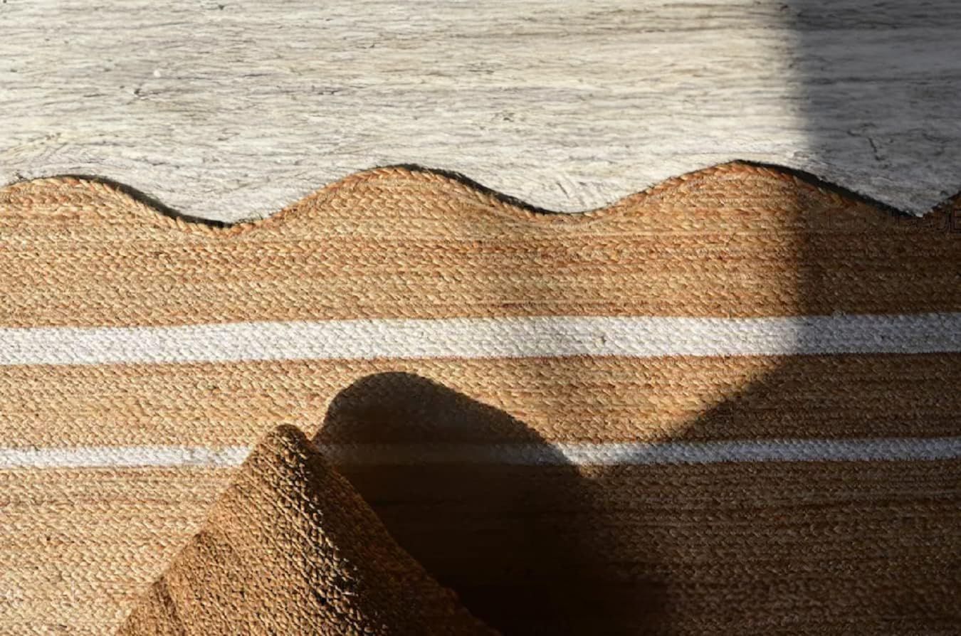 Scalloped Rectangle Jute Rug with White Border Lines | Handmade Natural Area & Runner Carpet