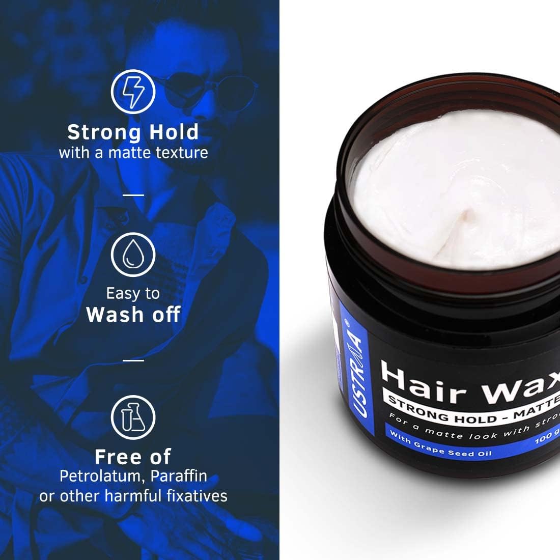 USTRAA Hair Wax Strong Hold - Matte Look with Grape Seed Oil 100g