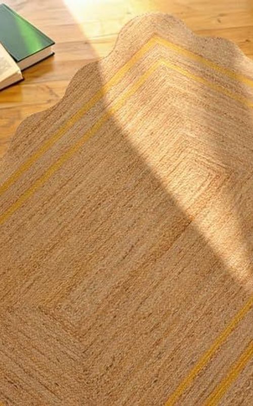Scalloped Rectangle Jute Area Rug with Yellow Center Line | Handmade Runner Carpet
