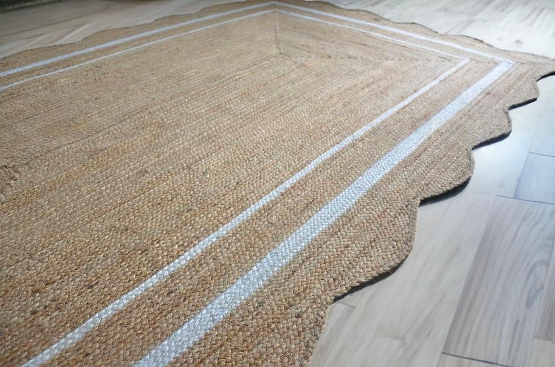 Scalloped Rectangle Jute Rug with White Border Lines | Handmade Natural Area & Runner Carpet