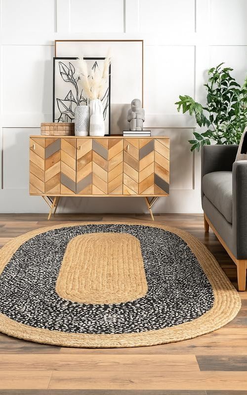 Natural Jute Oval Area Rug with Black Border – Handmade Eco-Friendly Floor Carpet for Living Room & Bedroom