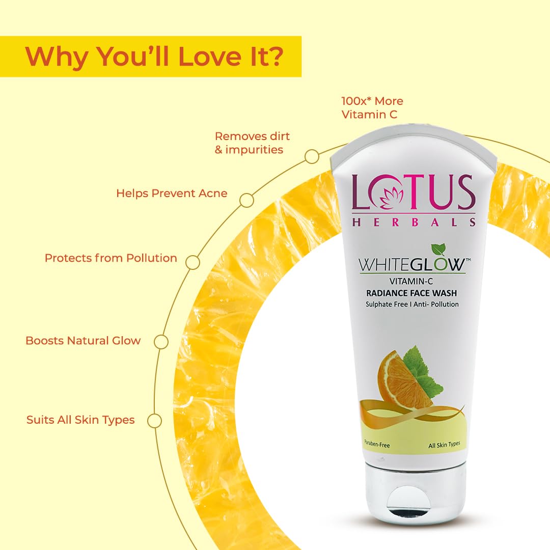 Lotus Herbals White Glow Vitamin C Radiance Face Wash | For Dark Spots & Dull Skin | Anti- Pollution | 100g