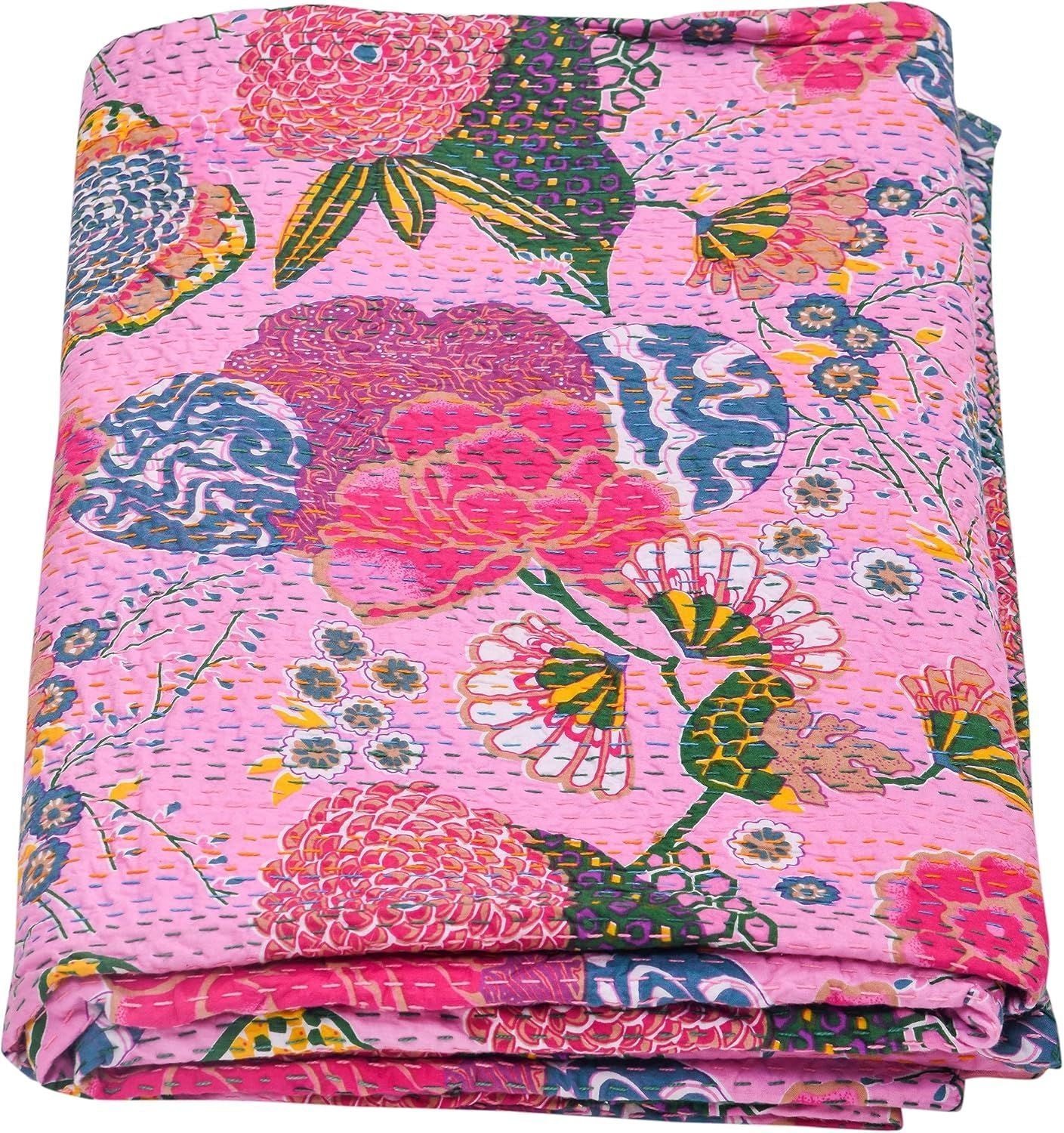 Pink Cotton Quilt Floral Kantha Bedspread | Lightweight Handmade Indian Bedding