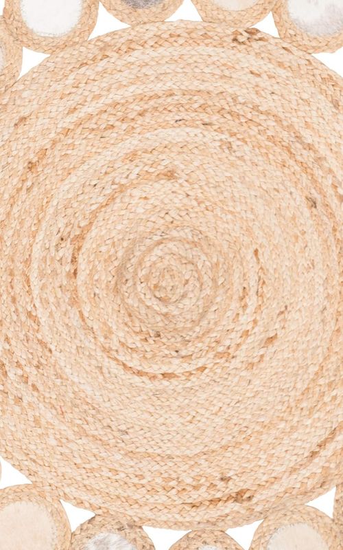 Handmade Round Jute Rug with White Tikki Border | Natural Boho Floor Rug