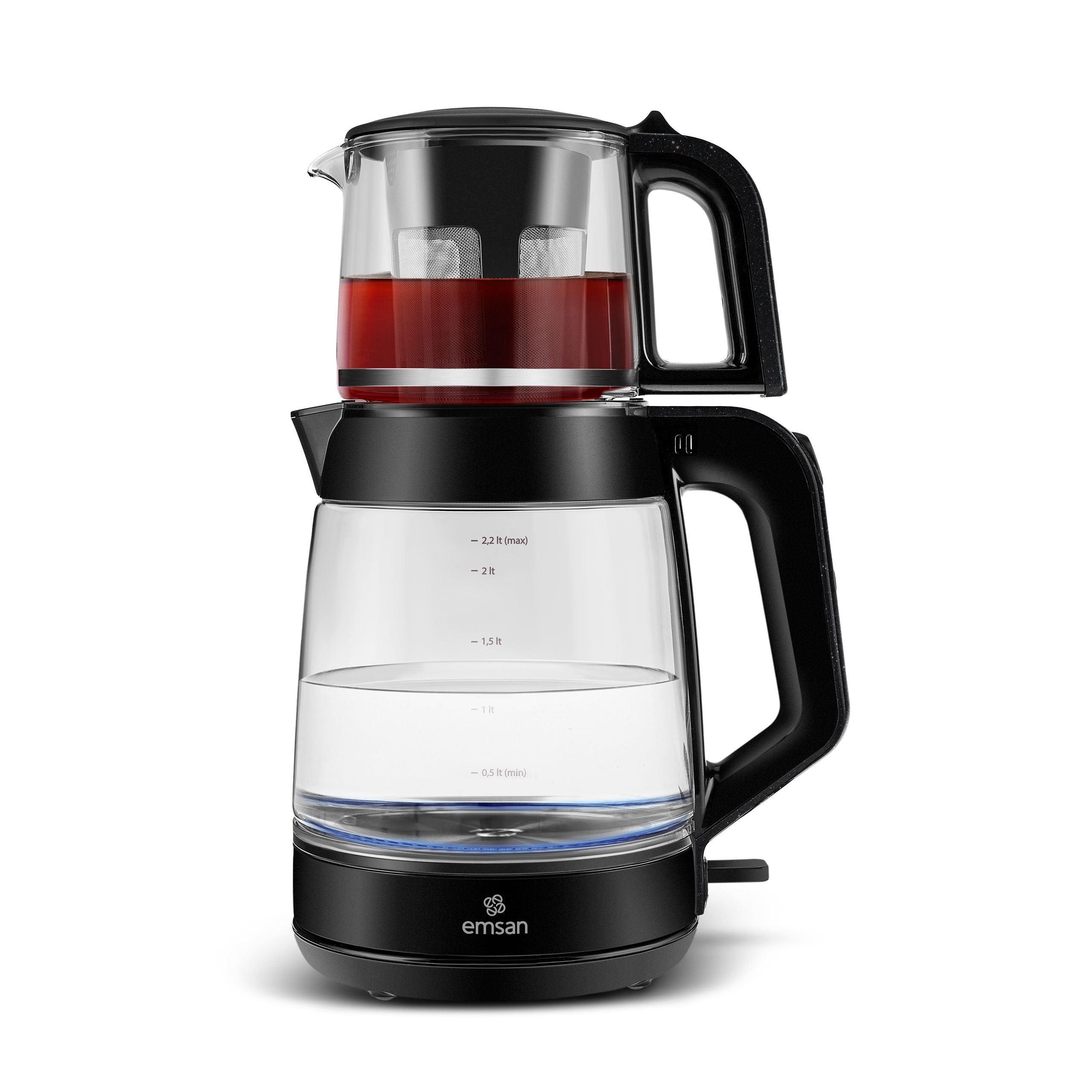Emsan Glass Tea XL 2-in-1 Electric Glass Tea Maker & Water Kettle, Shiny Black
