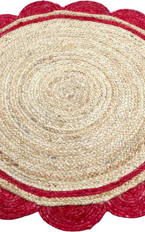 Handmade Natural Jute Area Rug with Red Scalloped Border – Round Boho Floor Carpet for Living Room & Bedroom