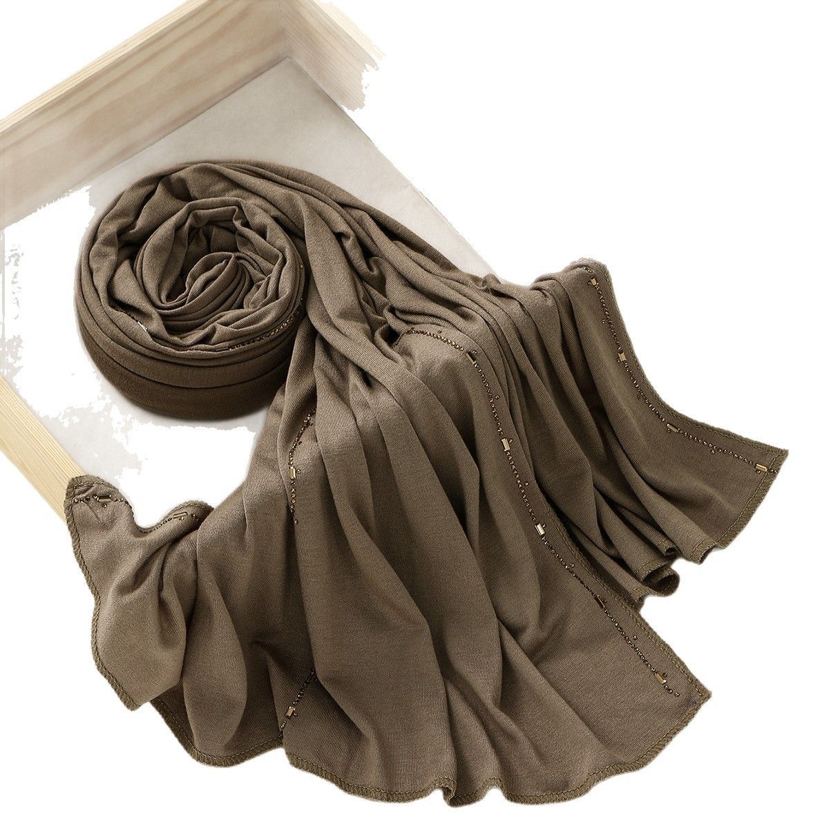 Khaki Mercerized Cotton Rhinestone Hijab Scarf for Women