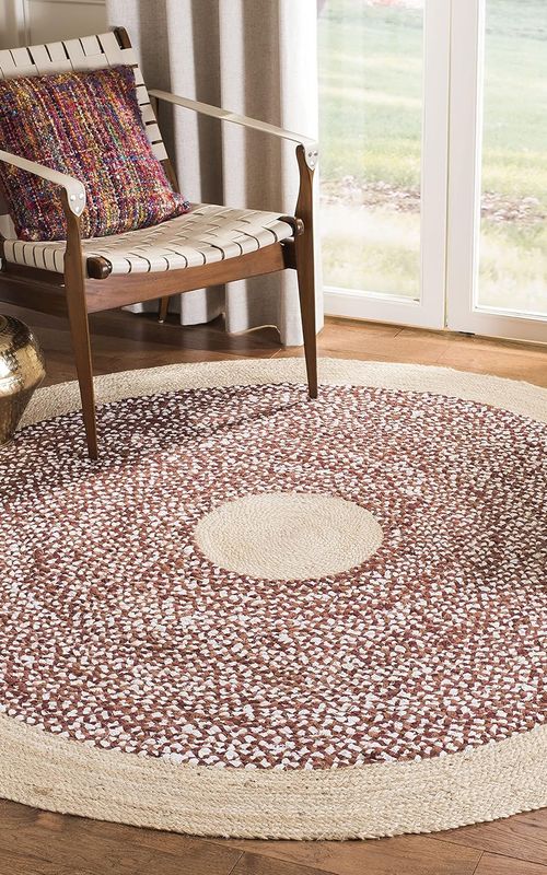 Natural Jute Round Rug with Red White Cotton Pattern | Handmade Modern Area Rug