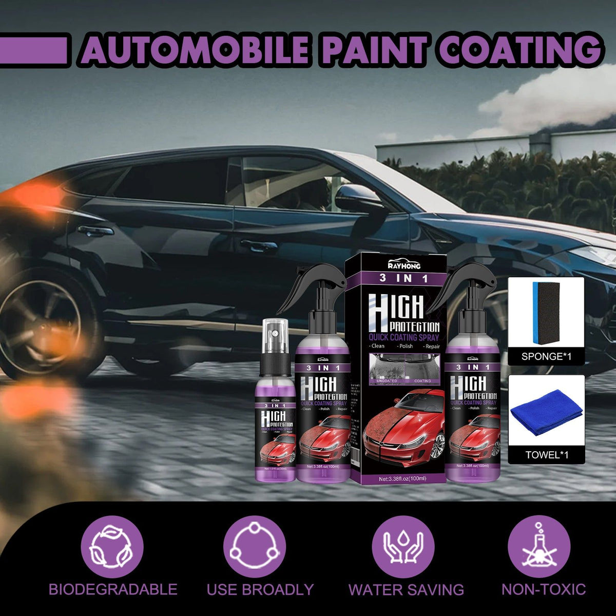 3-in-1 Car Coating Spray, Hydrophobic, Easy Repair, Shine & Dirt Removal ,100ml