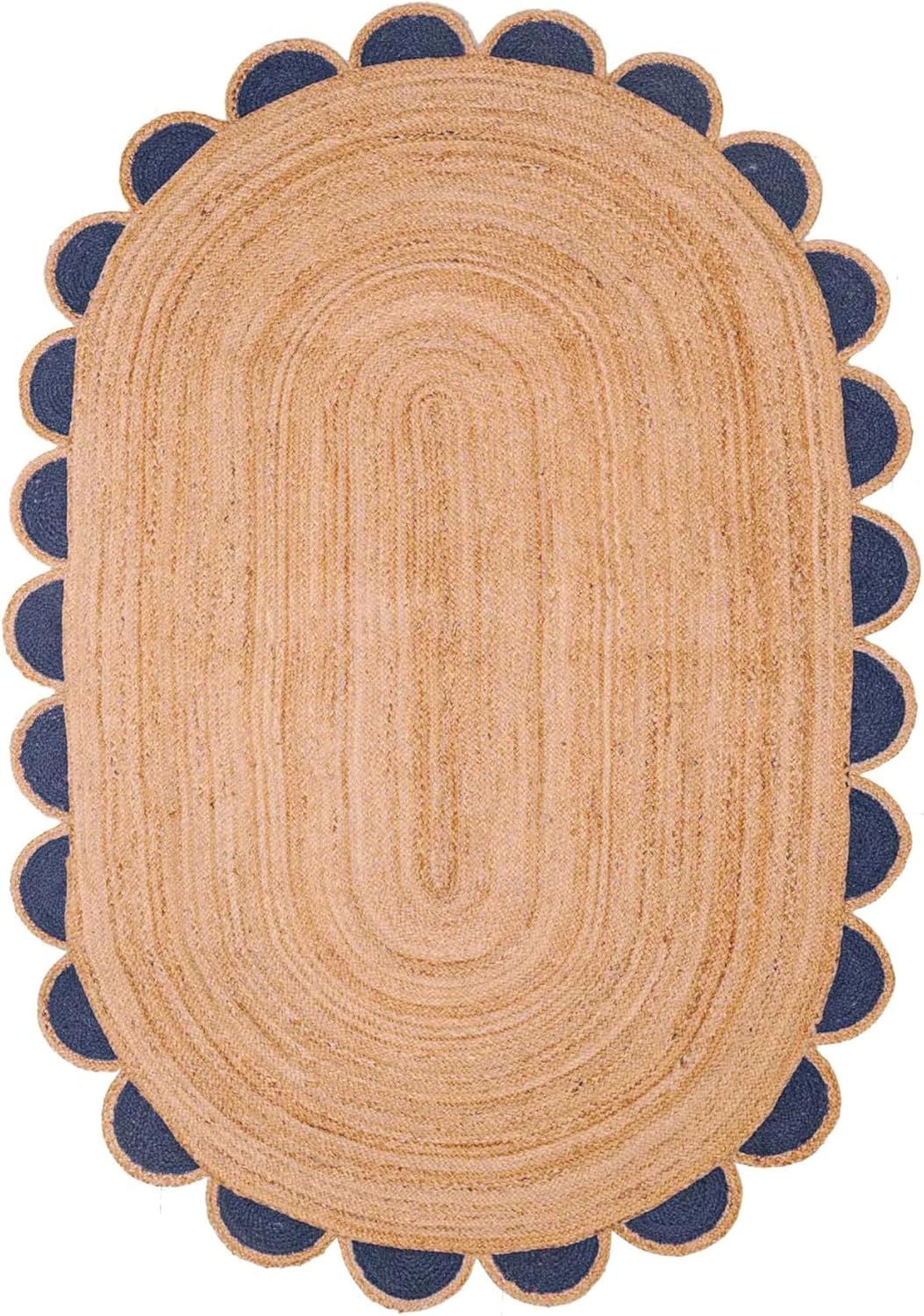 Beautiful oval jute rug with colorful scalloped border for a stylish and modern home look.